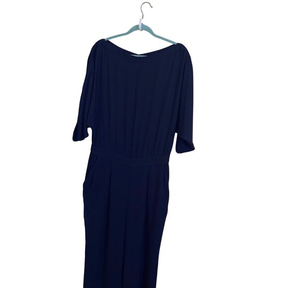 Diane Von Furstenberg Womens Jumpsuit Size 10 Blue Lucy Crepe Pockets Boat Neck - Picture 2 of 16